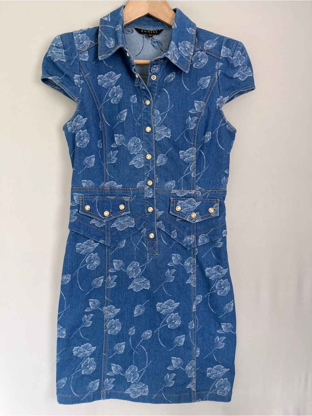 Egoist Floral Denim Dress Stretch Blue Button Front Western Y2K Size 55